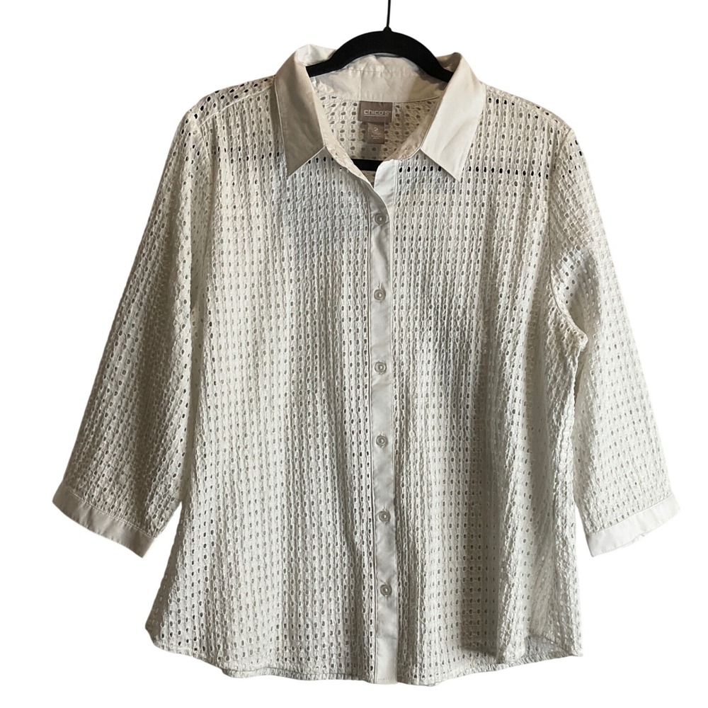 Chico's White Eyelet Preforated Pattern Button Up Stretch Casual Feminine 2/L/12